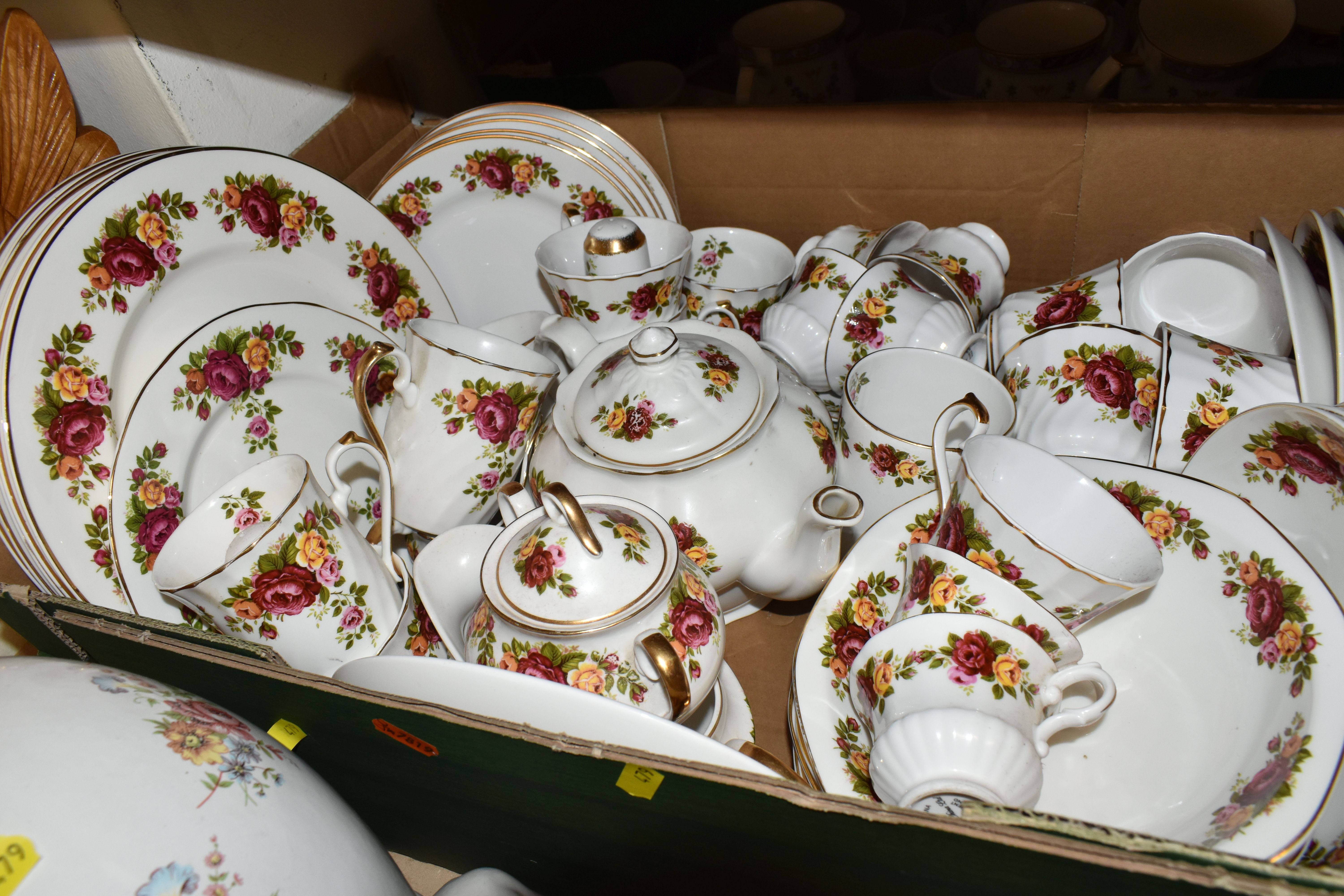 SIX BOXES OF CERAMICS, DINNERWARE AND ORNAMENTS, to include a large floral 'Piggy Bank', carved - Image 7 of 11