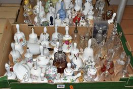 TWO BOXES OF DECORATIVE CERAMIC AND GLASS BELLS, over eighty bells, including crystal examples,