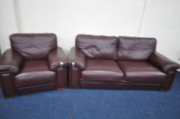 A PLUM LEATHERETTE UPHOLSTERED TWO PIECE LOUNGE SUITE, comprising a two seater sofa, length 210cm