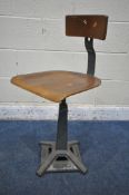 A SINGER INDUSTRIAL CAST IRON AND BENTWOOD ADJUSTABLE MACHINISTS STOOL, Simanco 189976 stamped to