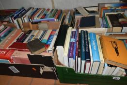 FIVE BOXES OF BOOKS, to include approximately one hundred hardback books, titles include Biggles