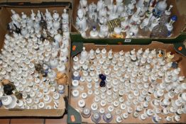 THREE BOXES OF PORCELAIN BELL ORNAMENTS, over two hundred miniature holiday souvenir bells