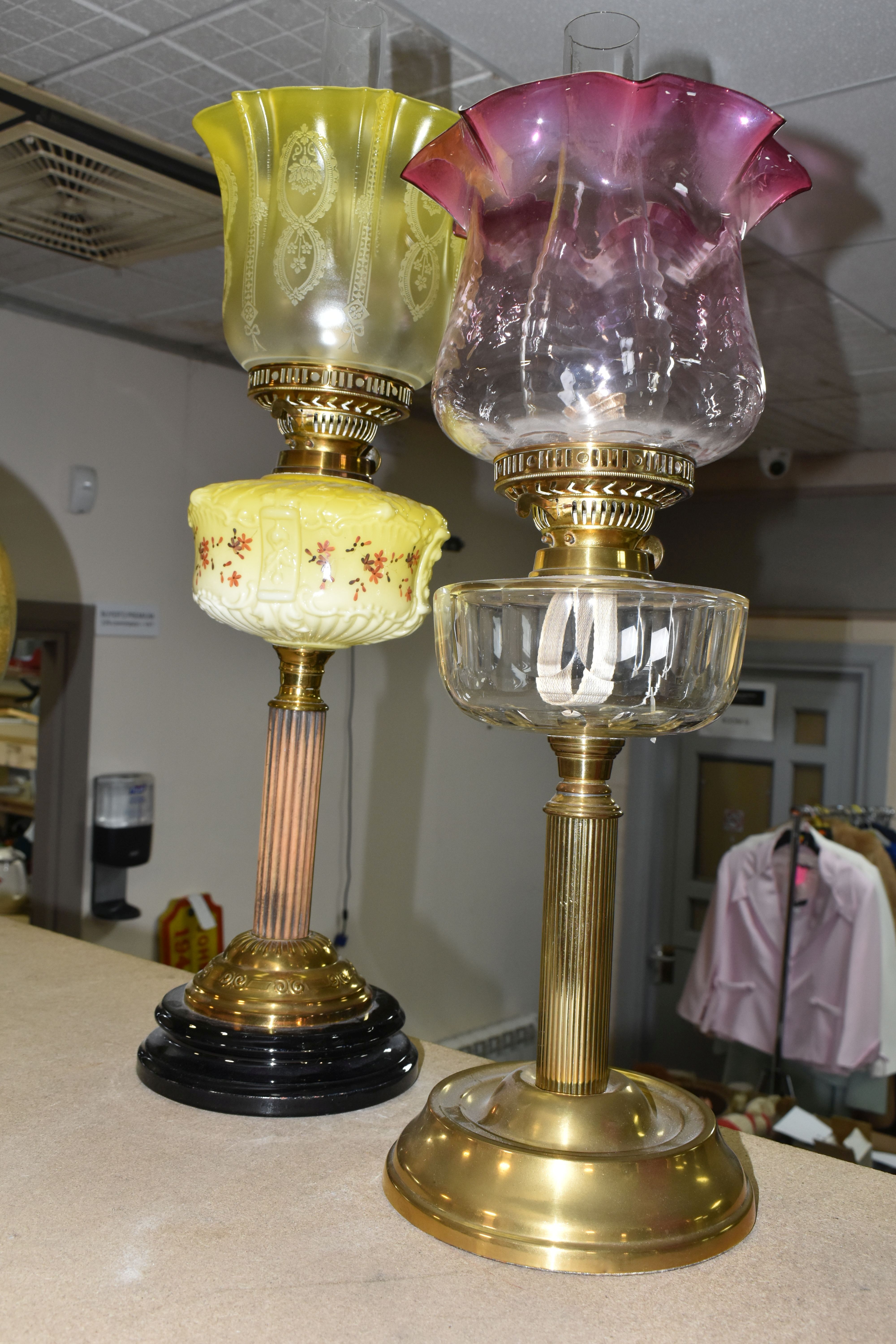 TWO VICTORIAN OIL LAMPS, one has an etched yellow glass shade, moulded yellow milk glass reservoir - Image 10 of 10