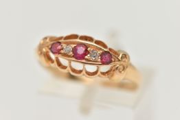 A RUBY AND DIAMOND RING, designed as three graduated rubies interspaced by single cut diamonds, to