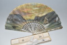 A BOXED LARGE PAINTED FAN, the hinged box with label for 'J. Duvelleroy, by appointment, 167, Regent