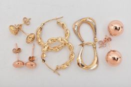 FIVE PAIRS OF EARRINGS, to include a pair of twist hoops, lever fittings, stamped 14k, approximate