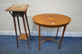 AN EDWARDIAN MAHOGANY AND FAN INLAID OVAL OCCASIONAL TABLE, on square legs, united cross framed