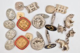 AN ASSORTMENT OF SILVER AND WHITE METAL CUFFLINKS, to include a pair of silver gilt and red enamel
