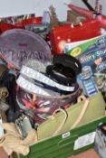 THREE BOXES AND LOOSE LADIES' ACCESSORIES, CHRISTMAS DECORATIONS, CRAFTING ITEMS, ETC, to include