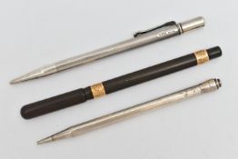 TWO PENCILS AND A FOUNTAIN PEN, to include a silver 'Walker & Hall' propelling pencil, engine turned