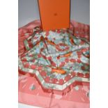 A BOXED HERMÉS PRINTED SILK SCARF, comprising a Dusty Rose/Multi-Col.2 'Sous Les Orangers' design