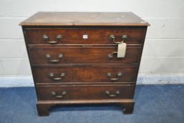 A GEORGIAN MAHOGANY AND CROSSBANDED CHEST OF FOUR LONG GRADUATED DRAWERS, with brass swan neck