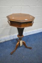 A VICTORIAN ROSEWOOD OCTAGONAL TRUMPET SEWING TABLE, enclosing a baize lined interior, on a
