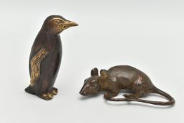 TWO BRONZE FIGURES, one in the form of a penguin the other in the form of a mouse, unsigned