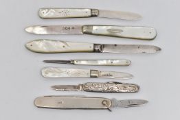 FIVE FRUIT/POCKET KNIVES AND TWO OTHERS, four fitted with silver blades and mother of pearl handles,