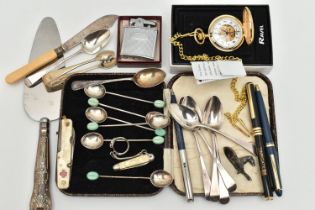 A BOX OF ASSORTED SILVER AND ITEMS, to include a cased set of silver coffee spoons each fitted