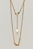 A GEM SET NECKLACE, an old cut diamond, a cushion cut emerald and a cultured pearl in a yellow metal