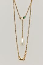 A GEM SET NECKLACE, an old cut diamond, a cushion cut emerald and a cultured pearl in a yellow metal