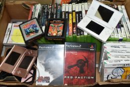 BOX OF DS CONSOLES AND VIDEO GAMES FOR DS AND XBOX 360, includes two DS Lite consoles, games include