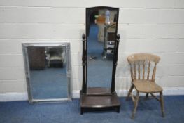 A STAG MINSTREL CHEVAL MIRROR, a wall mirror and a chair (condition report: Stag mirror wobbly, some