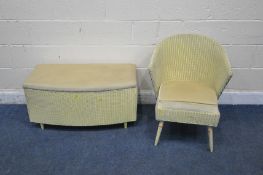 A GREEN LLOYD LOOM WICKER ARMCHAIR, along with a matching ottoman (condition report: marks, scuffs