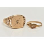 TWO RINGS, the first a 9ct gold signet ring centrally set with a small single cut diamond, to the