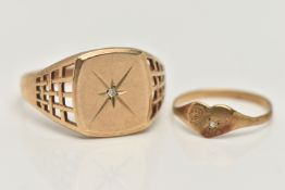 TWO RINGS, the first a 9ct gold signet ring centrally set with a small single cut diamond, to the