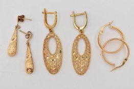 THREE PAIRS OF HOOP EARRINGS, to include a pair of textured open work drop earrings, to the lever