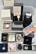 A BOX OF ASSORTED WRISTWATCHES, to include a ladies boxed 'Emporio Armani' quartz wristwatch in a