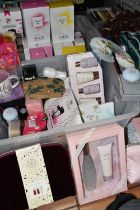 THREE BOXES OF LADIES' GIFT SETS, MAKEUP BAGS AND TOILETRIES, to include seventeen unused make-up