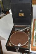 TWO CASED 1930S HMV PORTABLE GRAMOPHONES, both in need of attention (2) (Condition Report: untested,
