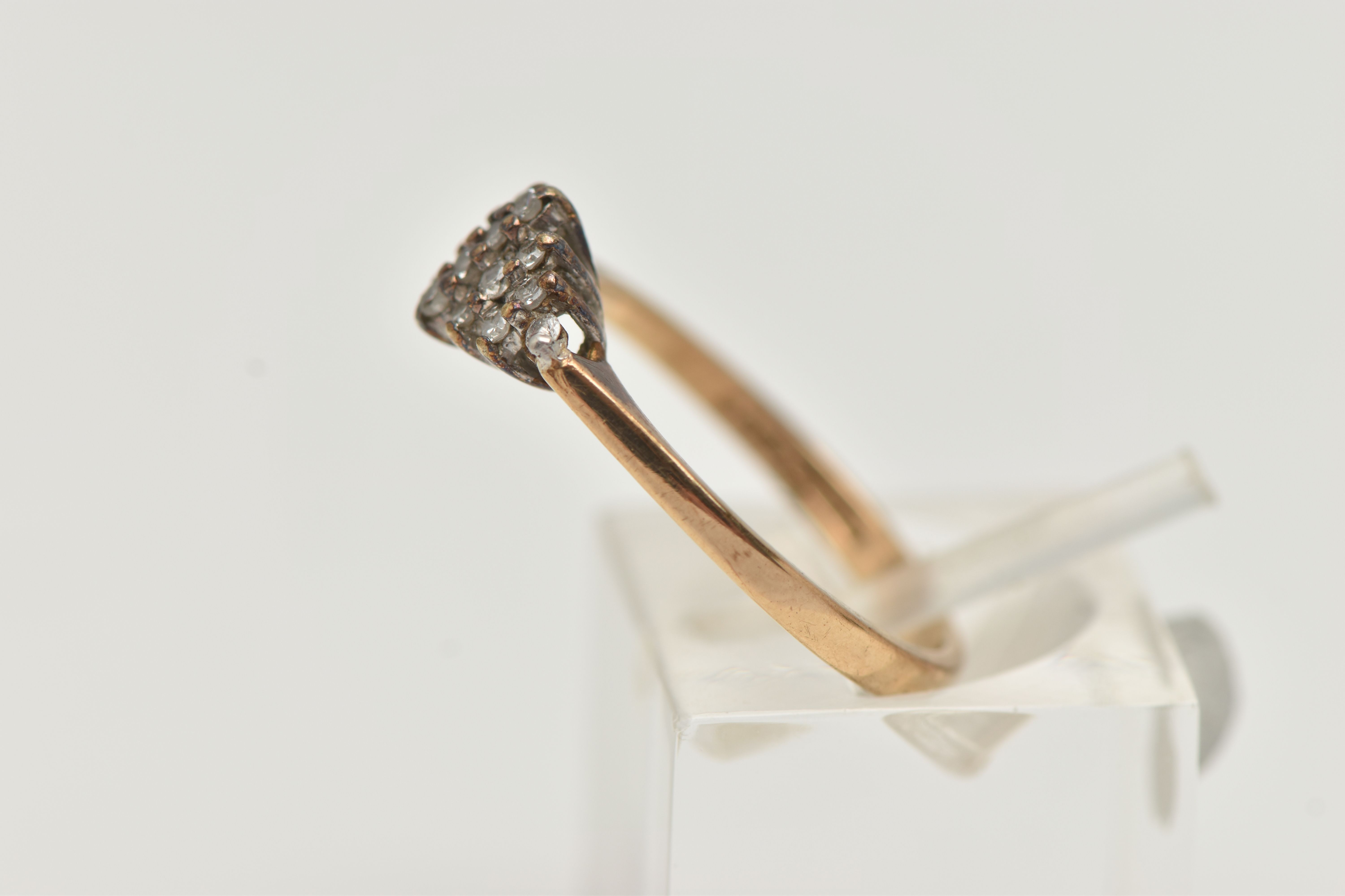 A 9CT GOLD DIAMOND CLUSTER RING, the diamond shape tiered cluster claw set with single cut diamonds, - Image 2 of 4