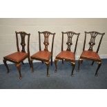 A SET OF FOUR CHIPPENDALE STYLE CHAIRS, with drop in seat pads (condition report: surface ware and