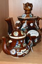 TWO MEASHAM BARGEWARE STYLE TEAPOTS, heights 29cm and 19cm (2) (Condition Report: good condition, no
