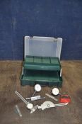 A PLASTIC TOOL CASE CONTAINING TEST EQUIPMENT including two Starrett No263m, Mitutoyo No2052 and