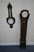 A 20TH CENTURY OAK GRANDDAUGHTER CLOCK, signed Abbey to the face, height 156cm, along with a