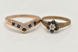 TWO GEM SET RINGS, the first a sapphire floral cluster, set with a single cut diamond to the centre,