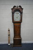 A GEORGIAN OAK AND INLAID 8 DAY LONGCASE CLOCK, the hood with a swan neck pediment, reeded