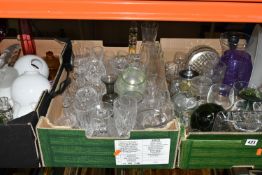 THREE BOXES OF ASSORTED GLASSWARES ETC, to include an iridescent uranium glass posy vase with twin