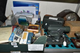 ONE BOX OF STATIONERY AND TECHNICAL DRAWING EQUIPMENT, to include a Hilger & Watts theodolite/