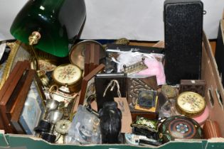 A BOX OF COLLECTABLES, LAMP, ETC, Walt Disney collectors society badges, a cloisonne covered bowl,