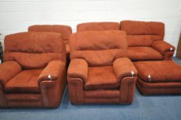 A RED UPHOLSTERED FIVE PIECE LOUNGE SUITE, comprising three seater sofa, length 210cm x depth