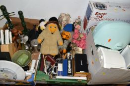 THREE BOXES AND LOOSE SUNDRY HOMEWARES, to include two vintage Womble soft toys, a boxed Electro