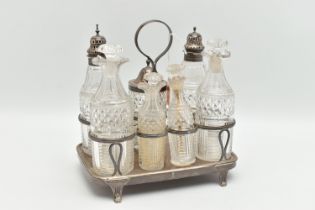 A GEORGE III SILVER CRUET STAND, reeded design with seven divisions, a rectangular form tray with
