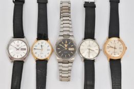 FIVE GENTS WRISTWATCHES, to include a 'Tissot, Automatic SeaStar Seven', round silver dial, baton