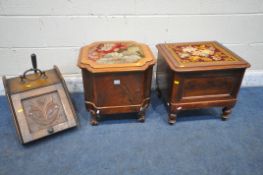 TWO VICTORIAN FLAME MAHOGANY STEP COMMODES, with a needlework top, along with an oak purdonium and