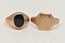 TWO SIGNET RINGS, the first a 9ct gold ring with central oval onyx panel, 9ct hallmark, ring size K,