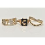 THREE 9CT GOLD RINGS, the first of wishbone design set with eleven single cut diamonds and hidden