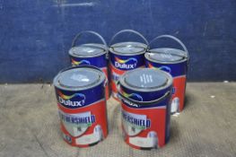 FIVE 5 LITRE CANS OF DULUX WEATHERSHEILD SMOOTH MASONRY PAINT in Classic Cream with same batch