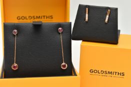 TWO PAIRS OF MODERN EARRINGS, the first a pair of 9ct rose gold and ruby drop earrings,